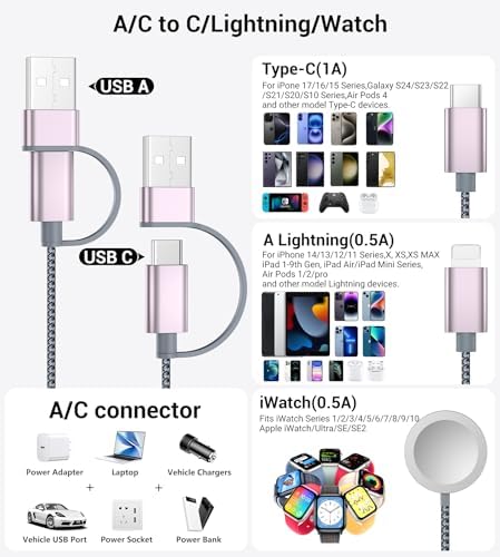 Temdan for Travel Essentials,3 in 2 USB C Cable for Apple Watch Charger/iPhone 17 Charger/Lightning,Multi Charging Cable Cord,Vacation Camping Essentials,Portable Designed for iWatch &iPhone 16-12-4FT - Image 2