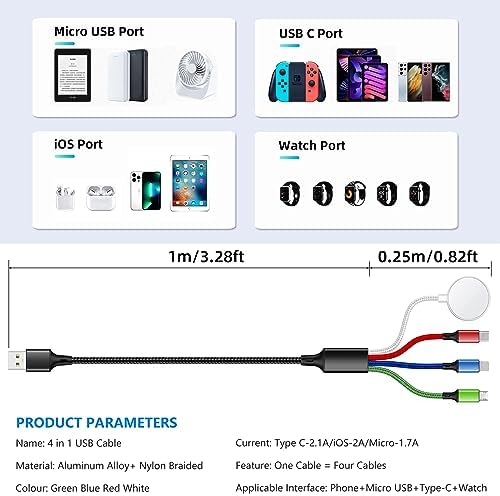 Travel Essentials 4 in 1 iWatch & iPhone Charger,Multi Charging Cable for Apple Watch Charger USB C Micro Nylon Compatible with iWatch Ultra/SE/10/9/8/7/6/5/4/3/iPhone 16/15/14/13 Galaxy Phone(4FT) - Image 5