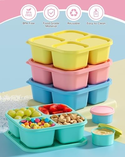 4 Pcs Snack Box Containers Set, Reusable 4 Compartment Lunchable Container with 2Pcs Sauce Containers, Stackable BPA-Free Bento Box for School, Work, Travel (4 Color) - Image 2