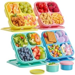 4 Pcs Snack Box Containers Set, Reusable 4 Compartment Lunchable Container with 2Pcs Sauce Containers, Stackable BPA-Free Bento Box for School, Work, Travel (4 Color)