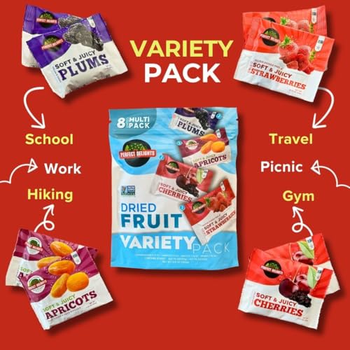 Perfect Delights Multipack Sun-Dried Fruits, Vegan, Healthy Snack Packs, Dried Fruits On-the-Go, Variety Fruit Pack For Kids & Adults, Apricots, Plums, Sour Cherries, Strawberries (8 Pack/ 2 of Each) - Image 3