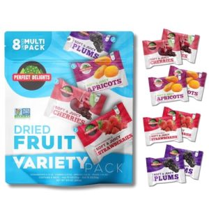Perfect Delights Multipack Sun-Dried Fruits, Vegan, Healthy Snack Packs, Dried Fruits On-the-Go, Variety Fruit Pack For Kids & Adults, Apricots, Plums, Sour Cherries, Strawberries (8 Pack/ 2 of Each)