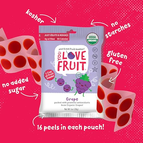 YOU LOVE FRUIT - GRAPE All Natural Fruit Snacks, Healthy Snack Pack, Real Fruit! Gluten Free, Non GMO, Vegan, Fiber packed, Low Fat, Kosher, Variety Pack, Great For Adding To Gift Box, 1.0 oz (Pack of 12) - Image 5