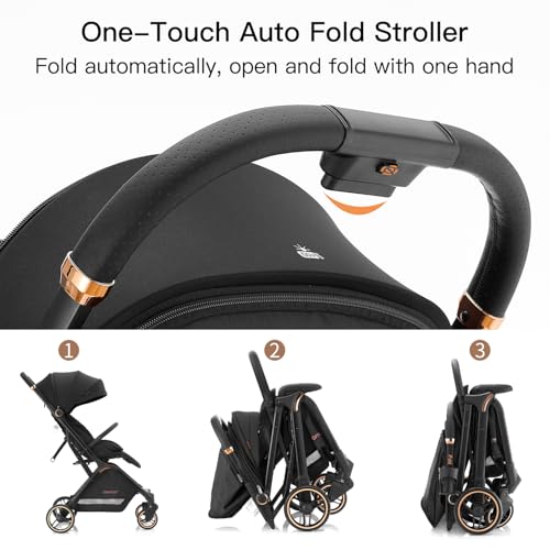 Gravity Folding Baby Stroller - Portable Travel Toddler Stroller w/Adjustable Backrest & Canopy, Lightweight and UV Protected, One-Hand Automatic Folding - Black - Image 2