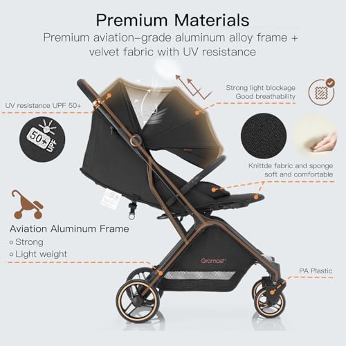 Gravity Folding Baby Stroller - Portable Travel Toddler Stroller w/Adjustable Backrest & Canopy, Lightweight and UV Protected, One-Hand Automatic Folding - Black - Image 6