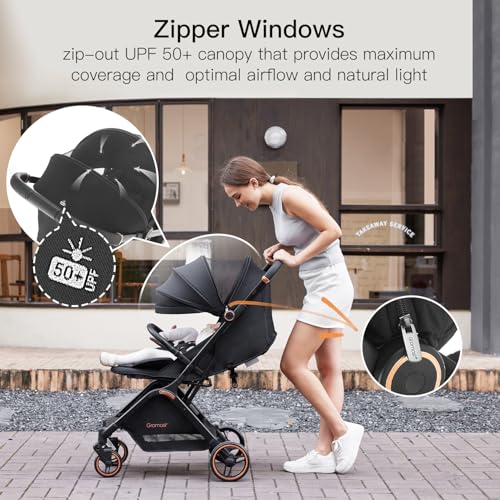 Gravity Folding Baby Stroller - Portable Travel Toddler Stroller w/Adjustable Backrest & Canopy, Lightweight and UV Protected, One-Hand Automatic Folding - Black - Image 9