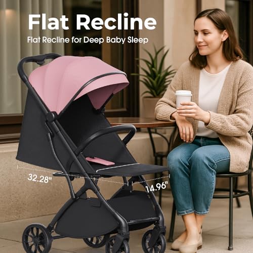 newyoo Baby Travel Stroller, Compact & Airplane-Friendly, Lightweight Infant/Toddler Stroller w Telescoping Handle, Cup Holder & Storage Pocket, One-Hand Easy Fold, Near Flat Recline Seat, TR18, Pink - Image 5