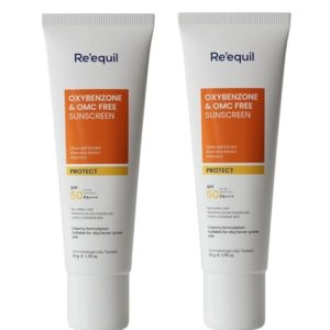Requil's Oxybenzone, OMC Free Sunscreen for Oily, Sensitive, Acne Prone Skin, SPF 50 PA+++, No White Cast, 50g, Pack of 2