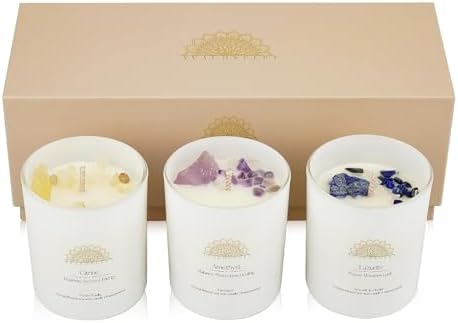 Soy Candles with Healing Crystals. Amethyst, Lazurite, Citrine Crystal. Lavender, Sea Salt & Orchid, French Vanilla. Positivity Energy Gift for Women, 3PC Scented Candle Set 3.5 oz Each