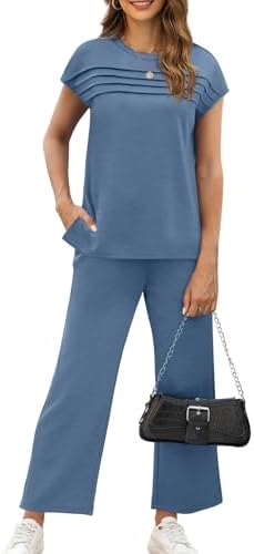 WIHOLL Two Piece Sets for Women Summer Travel Vacation Outfits Cap Sleeve Lounge Matching Sets Wide Leg Pants S-3XL - Image 2