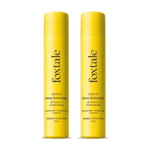 Fox-tale Dewy Sunscreen SPF 70 PA++++, Water-Resistant, with Niacinamide and Provitamin B5, for Normal to Oily Skin, 50ml Pack of 2