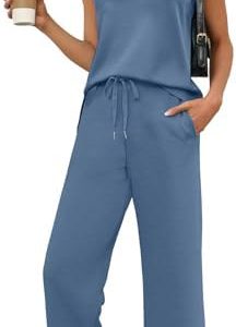 WIHOLL Two Piece Sets for Women Summer Travel Vacation Outfits Cap Sleeve Lounge Matching Sets Wide Leg Pants S-3XL