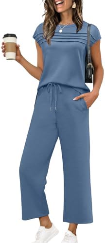 WIHOLL Two Piece Sets for Women Summer Travel Vacation Outfits Cap Sleeve Lounge Matching Sets Wide Leg Pants S-3XL