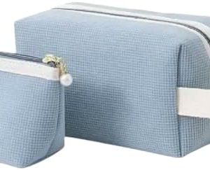 Tristan Home Luxury Waffle Texture Cosmetic/Toiletry Bag Set, Pink with Pearl Zipper Pull, Travel Makeup Toiletry Cloth Pouch Set, Small and Medium, Light Blue