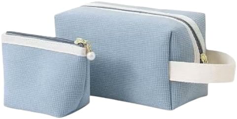 Tristan Home Luxury Waffle Texture Cosmetic/Toiletry Bag Set, Pink with Pearl Zipper Pull, Travel Makeup Toiletry Cloth Pouch Set, Small and Medium, Light Blue