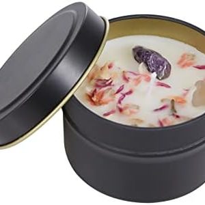 Relaxing Romantic Tin Candle with Crystal, Petals and Essential Oils of sage, Lavender, Oud