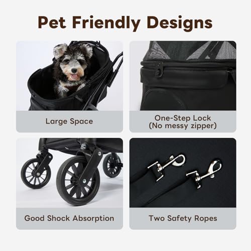 【One-Pull Open Ver.】 PETTENA One-Touch Foldable Dog Stroller for Small Dogs Cats up to 44 Lbs, Cat Stroller for 2 Cats, Large Space, Black - Image 8