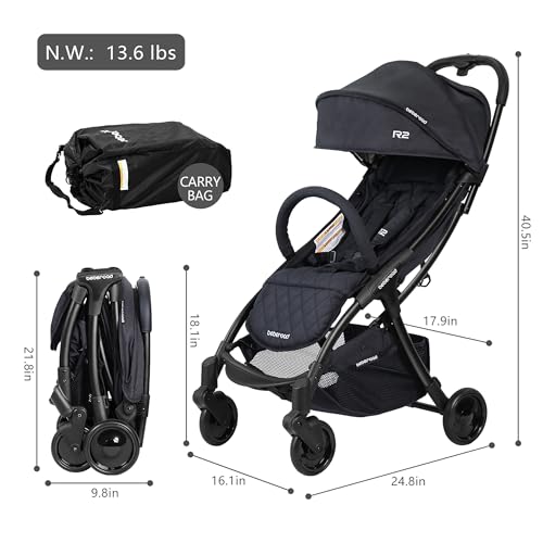 Beberoad Love R2 Small Travel Stroller Compact Strollers Foldable Lightweight Baby Stroller for Airplane, Infant Toddler Stroller with Adjustable Backrest, Cup Holder and Waterproof Canopy, Black - Image 5