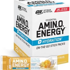 Optimum Nutrition Amino Energy Plus Hydration Packets, On-The-Go Caffiene Stick Packs, Surfside Citrus, 25 Count
