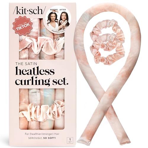 Kitsch Satin Heatless Curling Set – Heatless Curls Overnight with Hair Curler & 2 Satin Scrunchies – Hair Curlers to Sleep In for Overnight Curls – Overnight Blowout Rods – Sunset Tie Dye