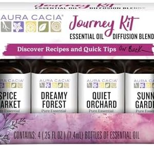 Aura Cacia Journey Essential Diffusion Oils Kit, 4-Pack, Spice Market, Dreamy Forest, Quiet Orchard & Sunny Garden Pure Oils
