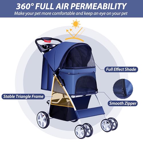 4 Wheels Pet Stroller for Small Medium Dogs Cats 10-33 lbs, Foldable Dog and Cat Stroller with Cup Holder & Storage Basket & Breathable Mesh, Pet Strolling Cart for All-Season, Navy Blue - Image 6