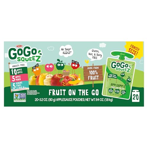 GoGo squeeZ Applesauce and Fruit Puree Variety Pack, Apple, Peach & Gimme Five!, 3.2 oz (Pack of 20), Unsweetened Fruit Snacks for Kids, Gluten Free, Nut Free and Dairy Free, BPA Free Pouches - Image 3