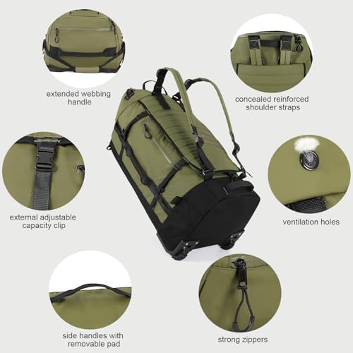 Rolling Duffle Bag with Wheels,86L 30”Folding Duffle Backpack with 2 Wheels,Travel Bag with Separate Shoe Compartment,Green - Image 2