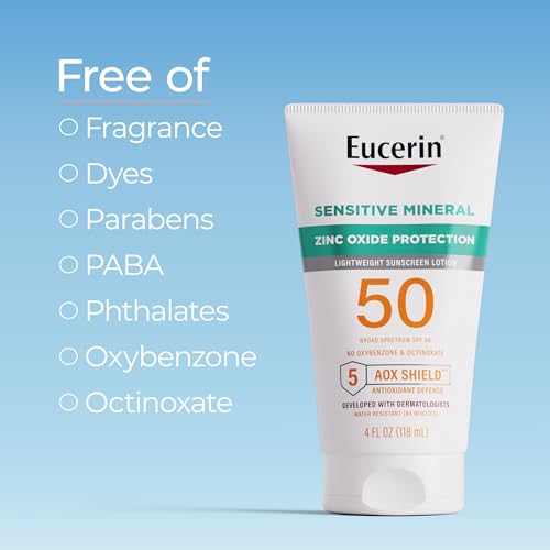 Eucerin Sun Sensitive Mineral Sunscreen Lotion SPF 50 with Zinc Oxide Protection, Hypoallergenic Sunscreen for Sensitive Skin, Oxybenzone and Octinoxate Free, 4 Fl Oz Tube - Image 6