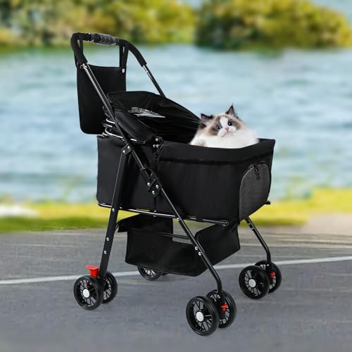 3 in 1 Pet Dog Stroller for Small Medium Dogs 10-50 lbs, Foldable Cat-Strollers for 2-Cats with Removable Carrier, Pet-Strollers for Cats with Storage Bag, Small Puppy-Stroller, Dog-Cart (Black) - Image 3