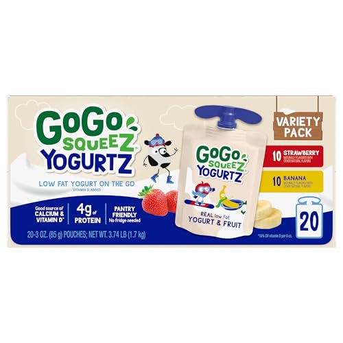 GoGo squeeZ yogurtZ Variety Pack, Strawberry & Banana, 3 oz (Pack of 20), Kids Snacks Made from Real Yogurt and Fruit, No Fridge Needed, Gluten Free, Nut Free, Recloseable Cap, BPA Free Pouches - Image 3