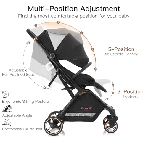 Gravity Folding Baby Stroller - Portable Travel Toddler Stroller w/Adjustable Backrest & Canopy, Lightweight and UV Protected, One-Hand Automatic Folding - Black - Image 7