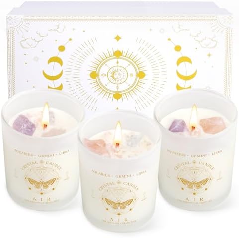 Zodiac Birthday Gifts for Women, Lavender Scented Candles for Women, Soy Candles with Healing Crystals Healing Stones, Spiritual Astrology Gifts Basket (Air-Gemini, Libra, Aquarius)