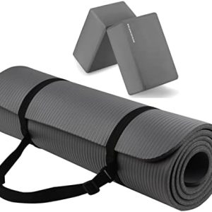 All Purpose 1/2-Inch Extra Thick High Density Anti-Tear Exercise Yoga Mat with Carrying Strap with Optional Yoga Blocks, Multiple Colors