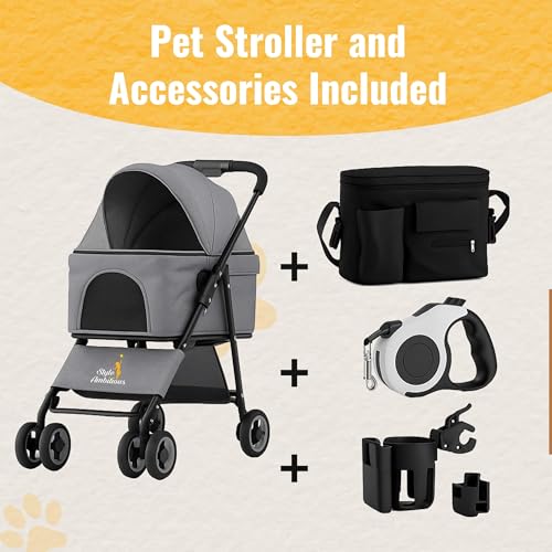 3 in 1 Pet Stroller - Foldable Dog Stroller & Pet Carrier - Included with Storage Bag, Cup Holder & Pet Leach - Cat Carrier with Detachable Basket & Breathable Canopy (Grey) - Image 4