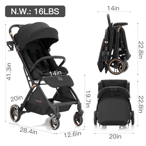 Gravity Folding Baby Stroller - Portable Travel Toddler Stroller w/Adjustable Backrest & Canopy, Lightweight and UV Protected, One-Hand Automatic Folding - Black - Image 8