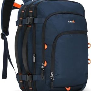 Tolaccea Travel Backpack, TSA Friendly Flight Approved Carry-on Luggage Water-resistant Business Rucksack, Durable Large Computer Bag Daypack Fits 15.6 Inch Laptop, 35-45L Expandable - Navy