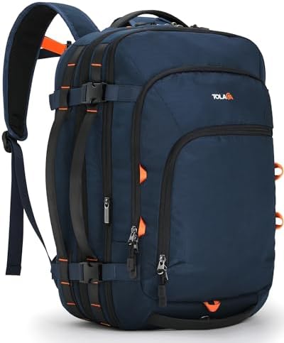 Tolaccea Travel Backpack, TSA Friendly Flight Approved Carry-on Luggage Water-resistant Business Rucksack, Durable Large Computer Bag Daypack Fits 15.6 Inch Laptop, 35-45L Expandable - Navy