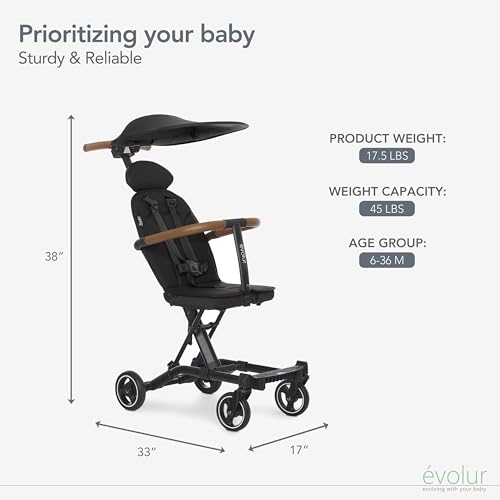 Evolur Cruise Rider Stroller with Canopy, Lightweight Umbrella Stroller with Compact Fold, Easy to Carry Travel Stroller - Noir Black - Image 3