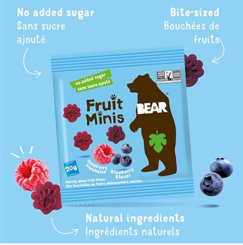 BEAR Real Fruit Snack Minis, Raspberry/Blueberry, No added Sugar, All Natural, Bite Sized Snacks for Kids, Non GMO, Gluten Free, Vegan, 0.7 Oz (Pack of 18) - Image 4