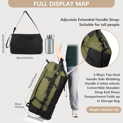 Rolling Duffle Bag with Wheels,86L 30”Folding Duffle Backpack with 2 Wheels,Travel Bag with Separate Shoe Compartment,Green - Image 4