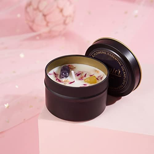 Relaxing Romantic Tin Candle with Crystal, Petals and Essential Oils of sage, Lavender, Oud - Image 2