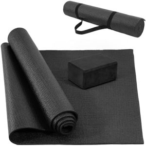 Fitvids All Purpose 1/4-Inch High Density Anti-Tear Exercise Yoga Mat with Carrying Strap and Yoga Blocks, Black