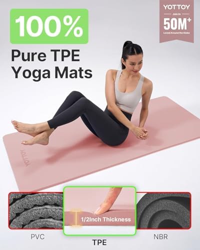 YOTTOY Yoga Mat，Extra Thick Yoga Mat (1/2inch),Professional TPE Exercise Mat,Non-Slip Workout Mat for Yoga, Pilates, Fitness, Barefoot Workouts, Home Gym Studio with Strap - Image 2