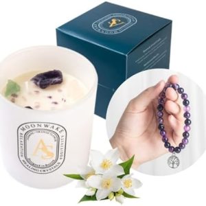 Healing Crystal Candles with Amethyst Bracelet Set, 6oz Non Toxic Chakra Candles for Home, Spiritual Aromatherapy Gifts for Women Mom. Organic Natural Soy Self Love Manifestation Candle