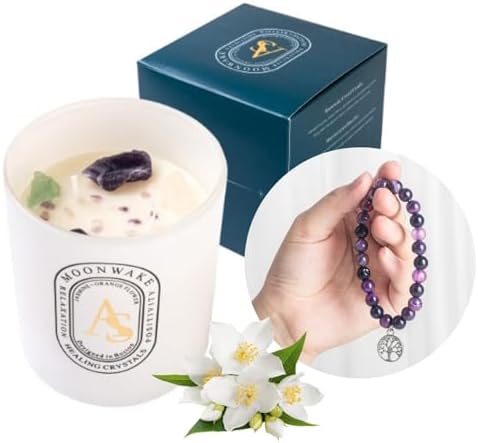 Healing Crystal Candles with Amethyst Bracelet Set, 6oz Non Toxic Chakra Candles for Home, Spiritual Aromatherapy Gifts for Women Mom. Organic Natural Soy Self Love Manifestation Candle
