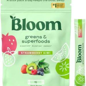 Bloom Nutrition Greens and Superfoods Powder Packets for Digestive Health, Greens Powder, Digestive Enzymes, Probiotics, Spirulina, Chlorella for Bloating & Gut Support, 15 Stick, Strawberry Kiwi