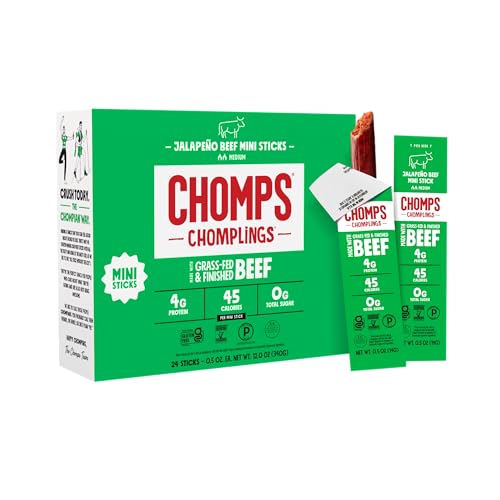 Chomps Snack Size Grass-Fed and Finished Jalapeño Beef Jerky Snack Sticks 0.5oz 24-Pack - Keto, Paleo, Whole30, 4g Lean Meat Protein, Gluten-Free, Zero Sugar Food, Non-GMO Chomplings