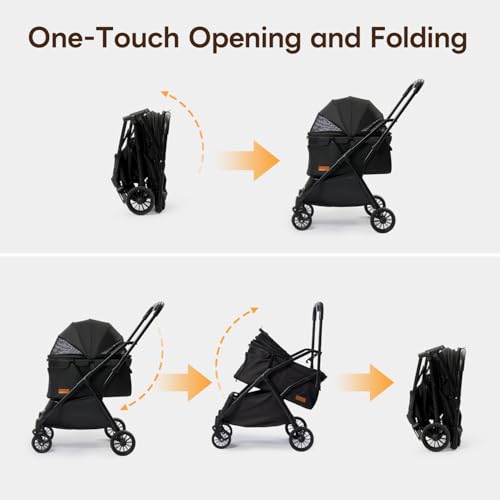 【One-Pull Open Ver.】 PETTENA One-Touch Foldable Dog Stroller for Small Dogs Cats up to 44 Lbs, Cat Stroller for 2 Cats, Large Space, Black - Image 3