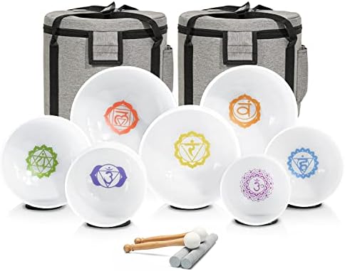 432HZ 7-12 Inch Chakra Symbol Design Frosted Quartz Crystal Singing Bowl with 2 PCS Travel Carry Case Bag for Sound Healing